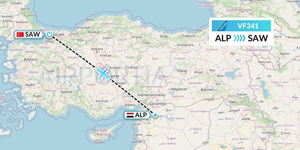VF341 ValuAir Flight Map: Aleppo to Istanbul