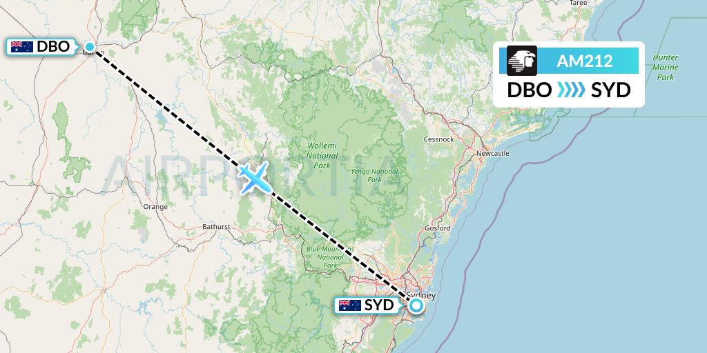 AM212 Aeromexico Flight Map: Dubbo to Sydney