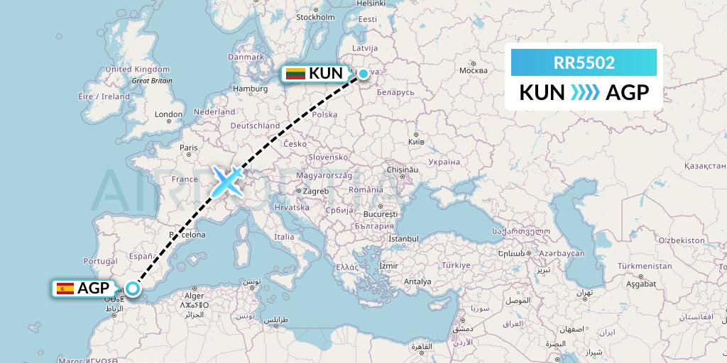 RR5502 Royal Air Force Flight Map: Kaunas to Malaga