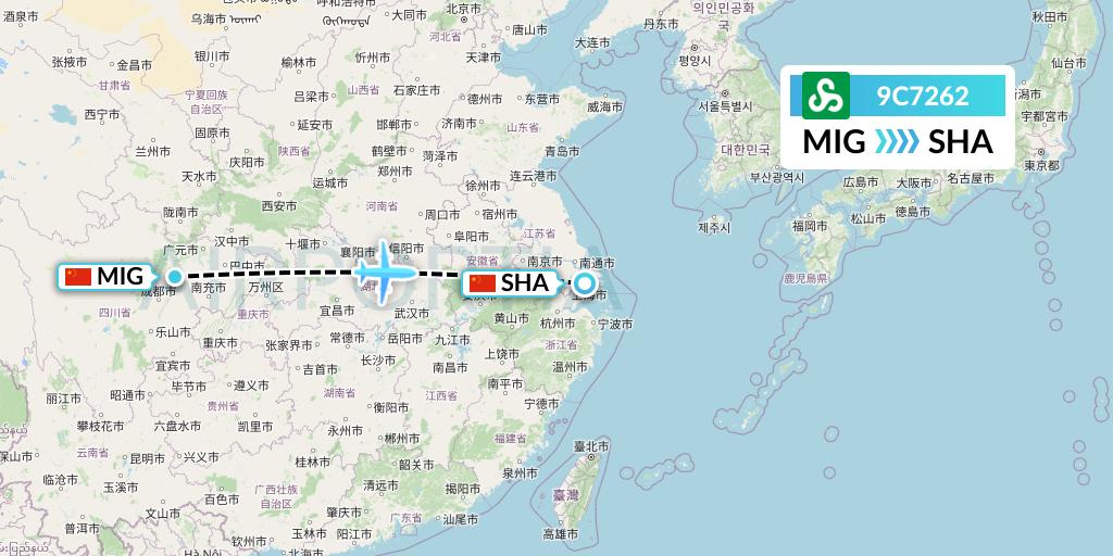 9C7262 Spring Airlines Flight Map: Mianyang to Shanghai