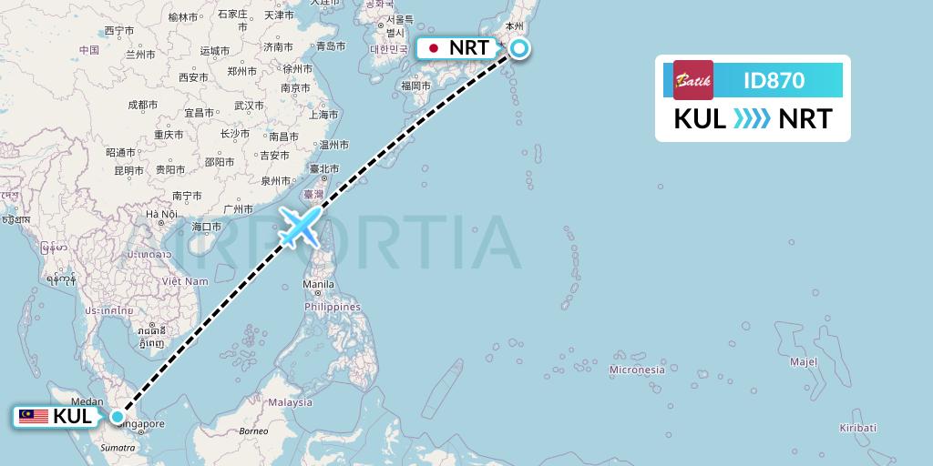ID870 Batik Air Flight Map: Kuala Lumpur to Tokyo