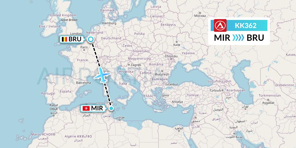 KK362 Atlasjet Flight Map: Monastir to Brussels