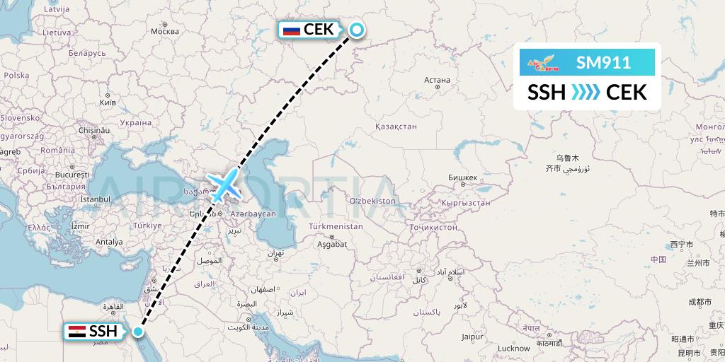 SM911 Air Cairo Flight Map: Sharm el-Sheikh to Chelyabinsk