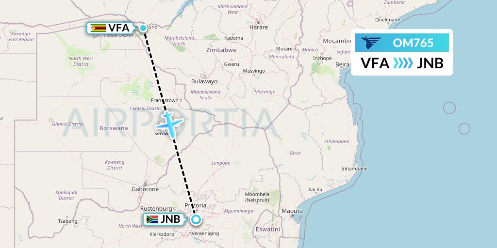 OM765 MIAT Mongolian Airlines Flight Map: Victoria Falls to Johannesburg