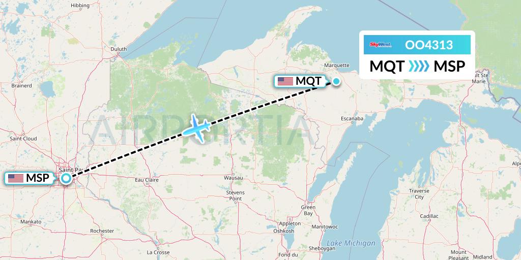 OO4313 SkyWest Airlines Flight Map: Marquette to Minneapolis