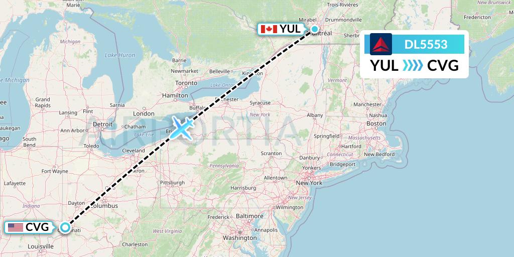 DL5553 Delta Air Lines Flight Map: Montreal to Cincinnati
