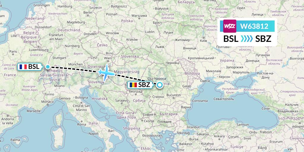 W63812 Wizz Air Flight Map: Basel to Sibiu