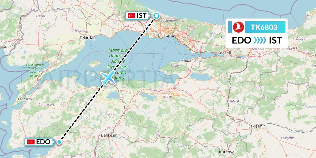 TK6803 Turkish Airlines Flight Map: Edremit to Istanbul