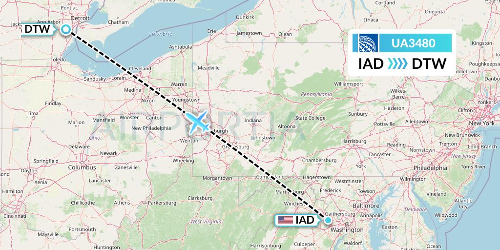 UA3480 United Airlines Flight Map: Washington to Detroit
