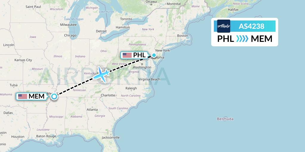 AS4238 Alaska Airlines Flight Map: Philadelphia to Memphis
