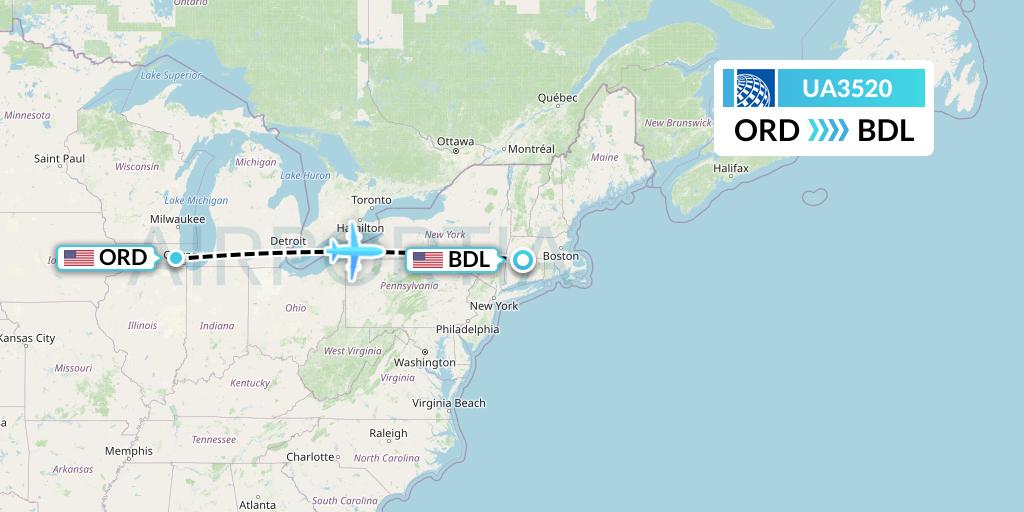 UA3520 United Airlines Flight Map: Chicago to Windsor Locks