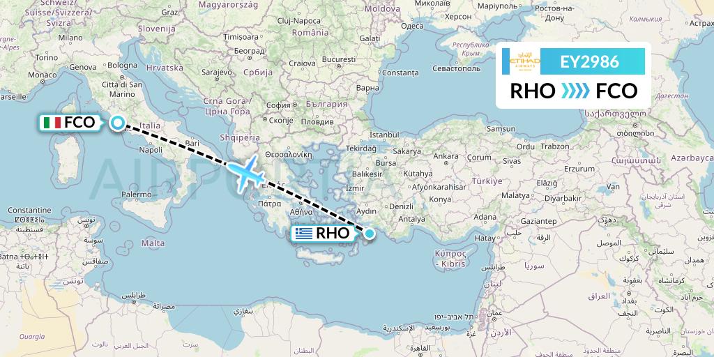 EY2986 Etihad Airways Flight Map: Rhodes to Rome