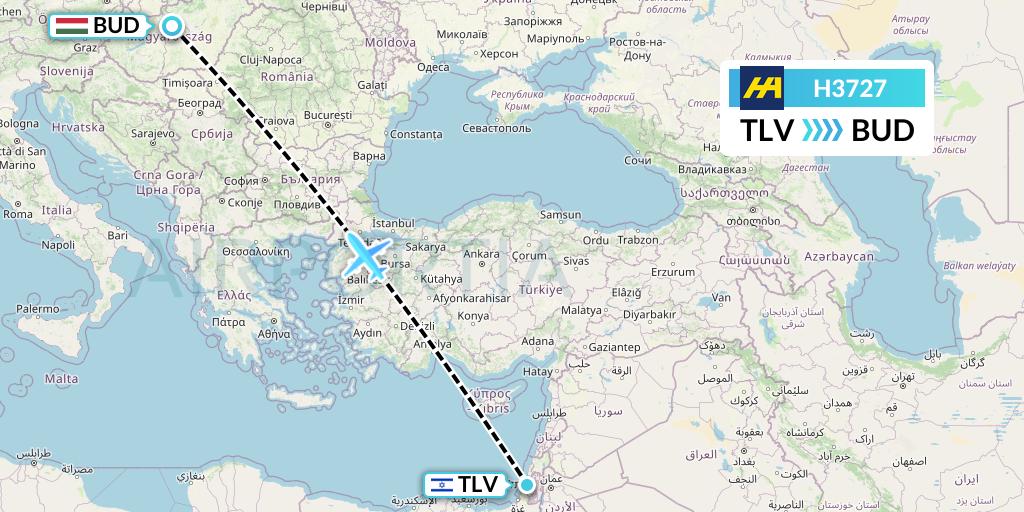 H3727 Harbour Air Flight Map: Tel Aviv to Budapest