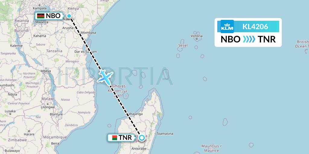 KL4206 KLM Flight Map: Nairobi to Antananarivo