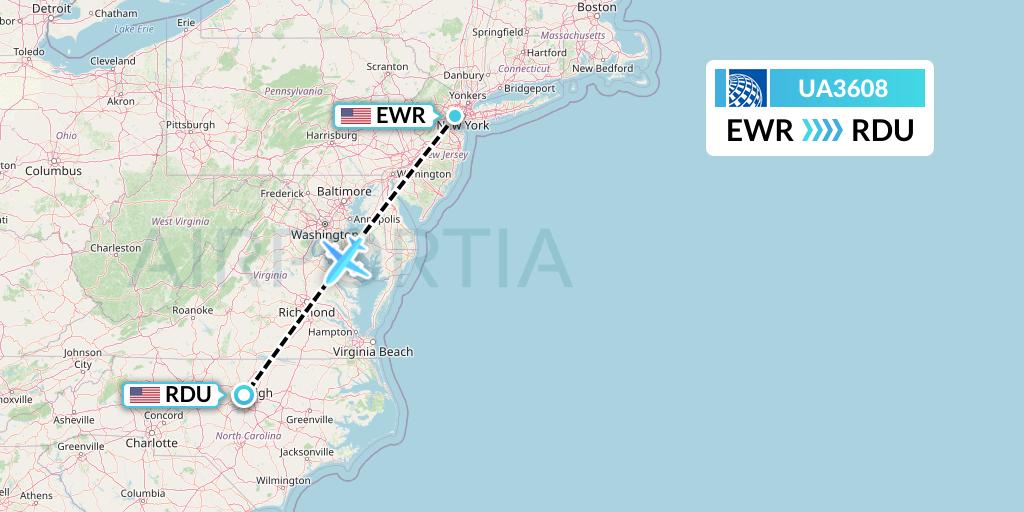 UA3608 United Airlines Flight Map: New York to Raleigh-Durham