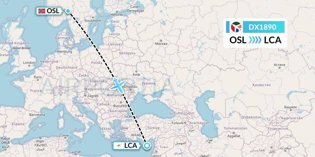 DX1890 Danish Air Transport Flight Map: Oslo to Larnaca