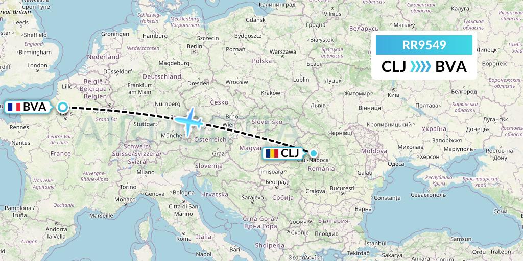 RR9549 Royal Air Force Flight Map: Cluj-Napoca to Paris