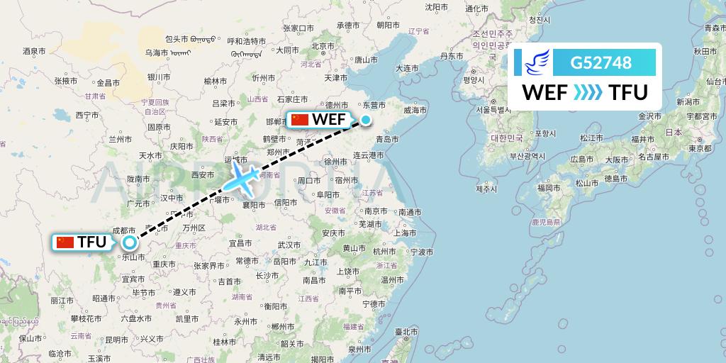 G52748 China Express Airlines Flight Map: Weifang to Chengdu