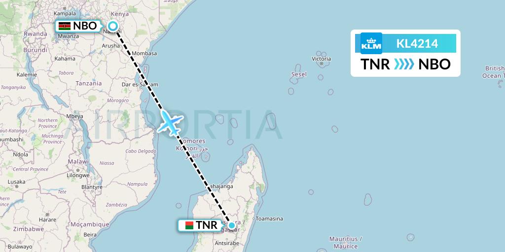 KL4214 KLM Flight Map: Antananarivo to Nairobi