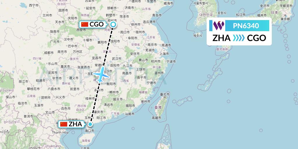 PN6340 China West Air Flight Map: Zhanjiang to Zhengzhou