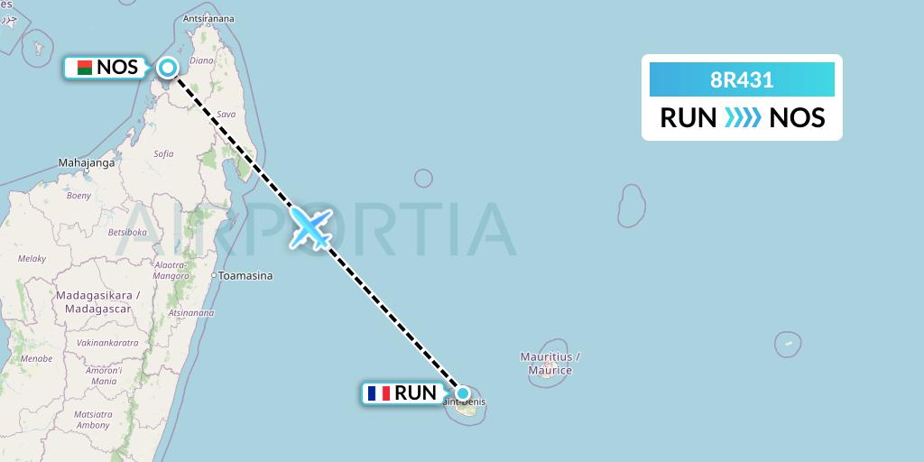 8R431 Amelia Flight Map: Saint-Denis to Nosy Be
