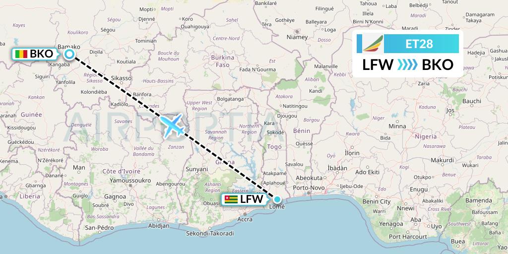 ET28 Ethiopian Airlines Flight Map: Lome to Bamako
