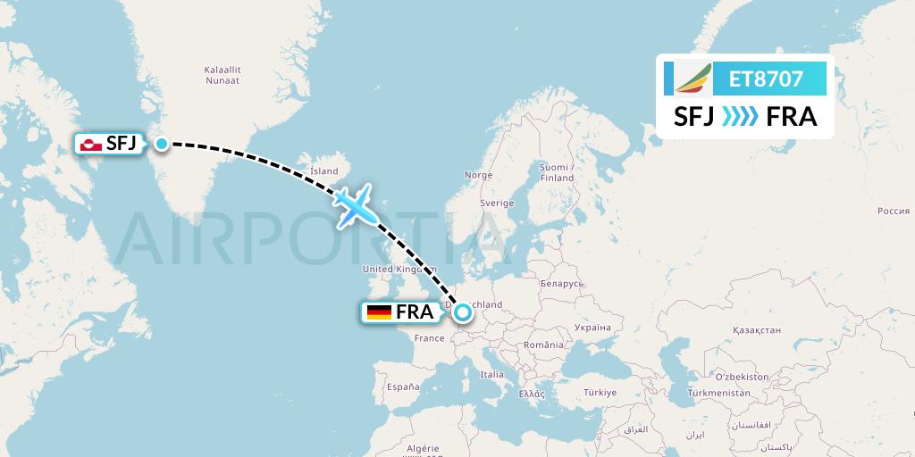 ET8707 Ethiopian Airlines Flight Map: Kangerlussuaq to Frankfurt