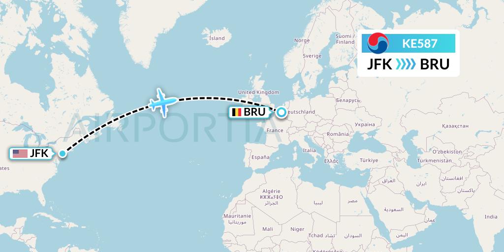 KE587 Korean Air Flight Map: New York to Brussels