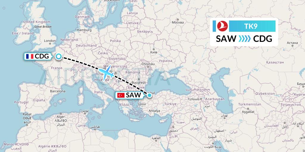 TK9 Turkish Airlines Flight Map: Istanbul to Paris