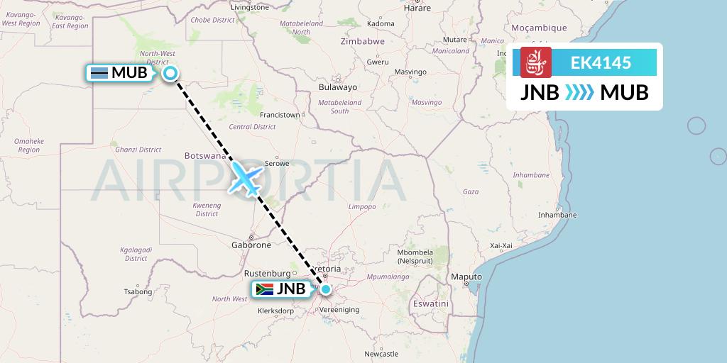 EK4145 Emirates Flight Map: Johannesburg to Maun