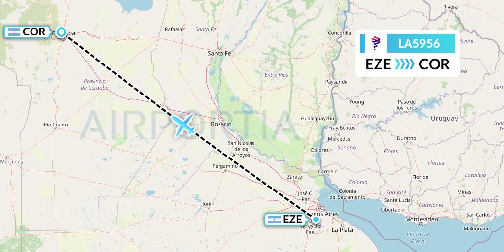 LA5956 LAN Airlines Flight Map: Buenos Aires to Cordoba