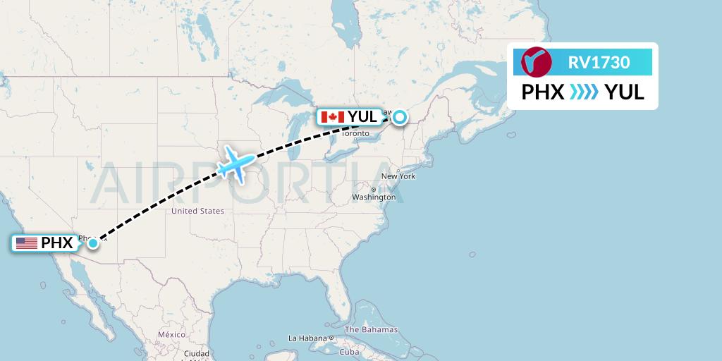 RV1730 Air Canada Rouge Flight Map: Phoenix to Montreal