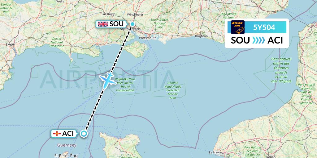 5Y504 Atlas Air Flight Map: Southampton to Alderney