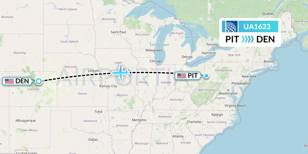 UA1623 United Airlines Flight Map: Pittsburgh to Denver