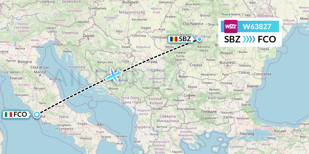 W63827 Wizz Air Flight Map: Sibiu to Rome