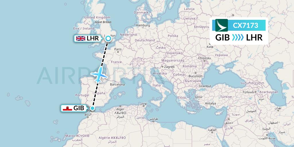 CX7173 Cathay Pacific Flight Map: Gibraltar to London