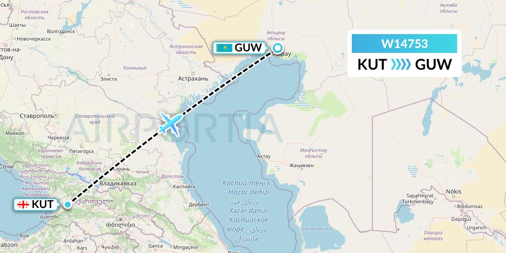 W14753 World Ticket Ltd Flight Map: Kutaisi to Atyrau
