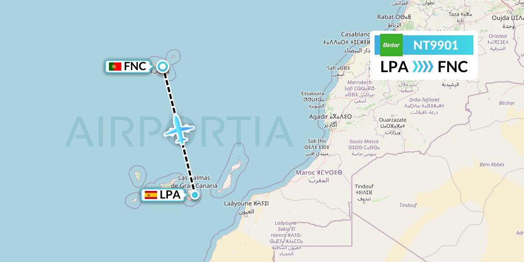 NT9901 Binter Canarias Flight Map: Las Palmas to Funchal