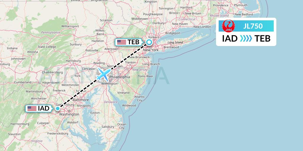JL750 Japan Airlines Flight Map: Washington to Teterboro