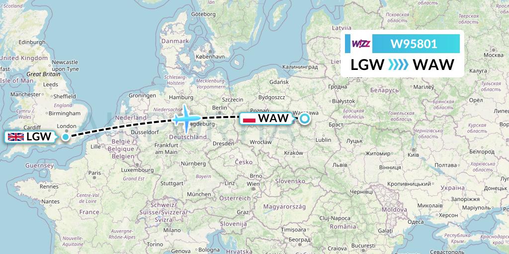 W95801 Wizz Air UK Flight Map: London to Warsaw