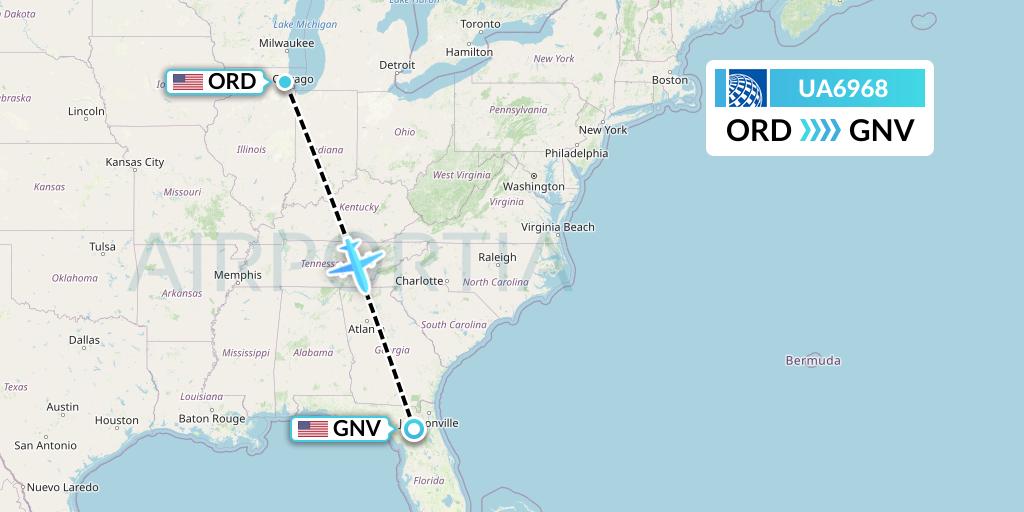 UA6968 United Airlines Flight Map: Chicago to Gainesville