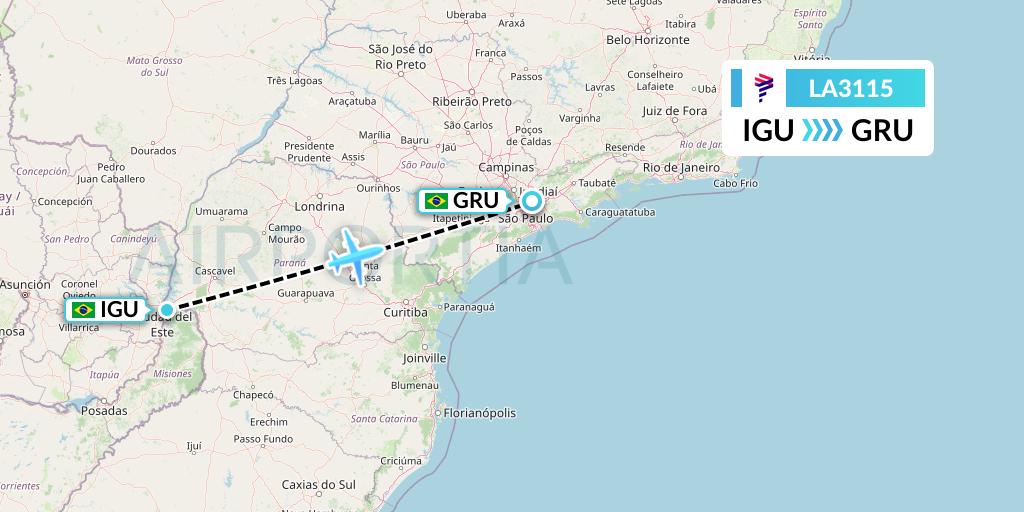 LA3115 LAN Airlines Flight Map: Foz do Iguacu to Sao Paulo