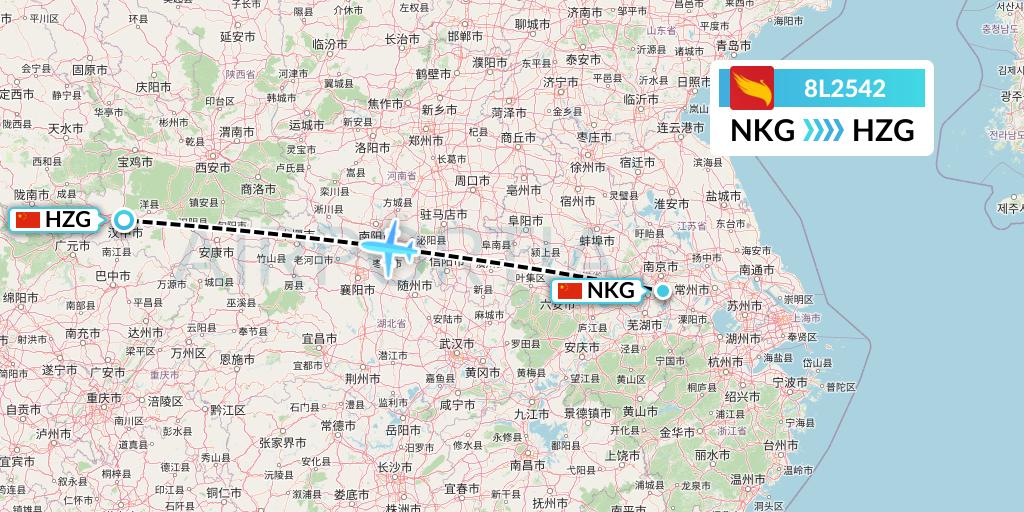 8L2542 Lucky Air Flight Map: Nanjing to Hanzhong