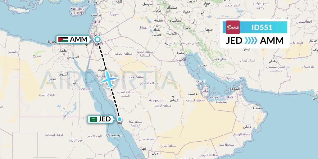 ID551 Batik Air Flight Map: Jeddah to Amman