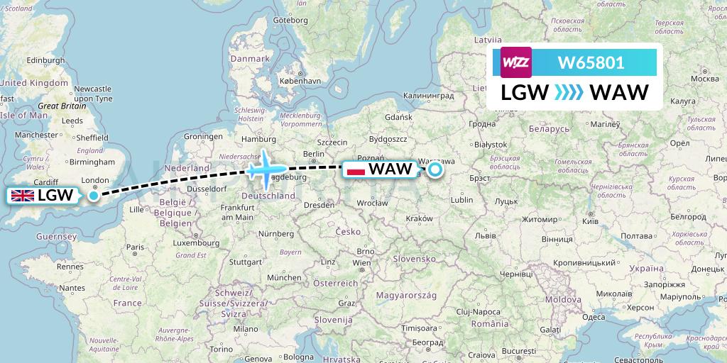 W65801 Wizz Air Flight Map: London to Warsaw
