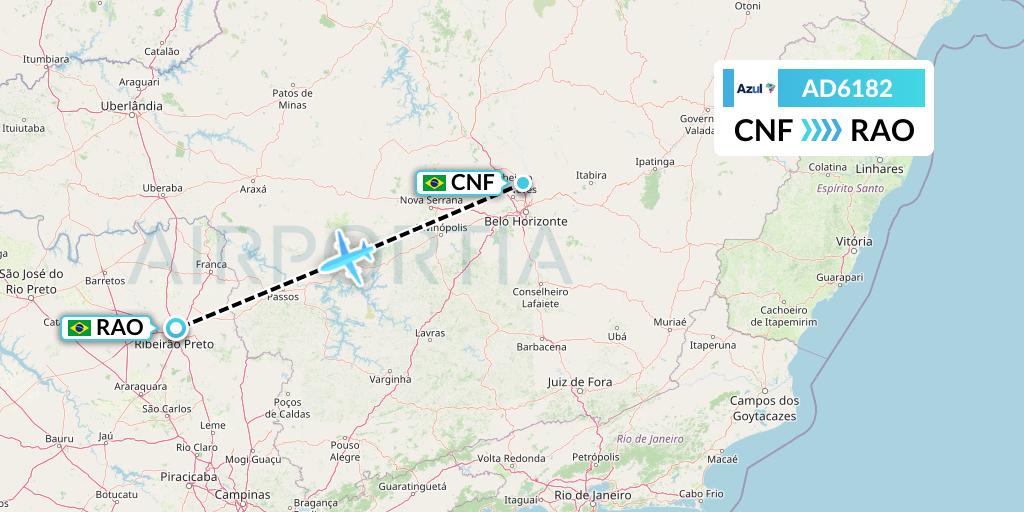 AD6182 Azul Brazilian Airlines Flight Map: Belo Horizonte to Riberao Preto