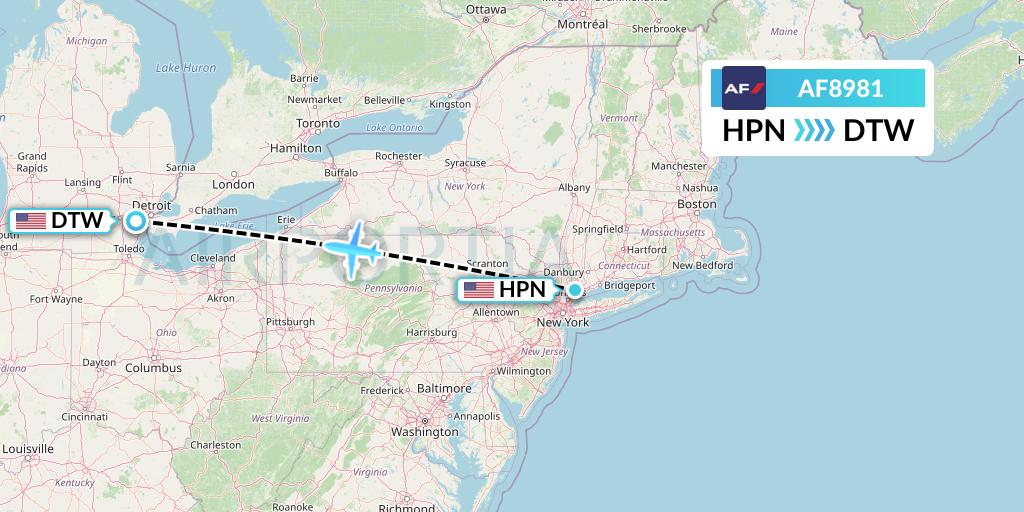 AF8981 Air France Flight Map: White Plains to Detroit