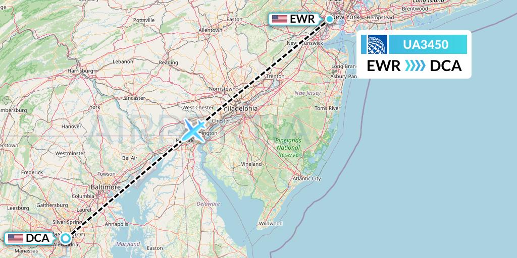 UA3450 United Airlines Flight Map: New York to Washington