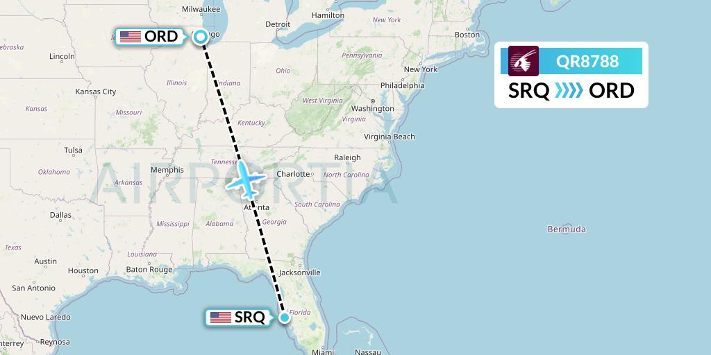 QR8788 Qatar Airways Flight Map: Sarasota to Chicago