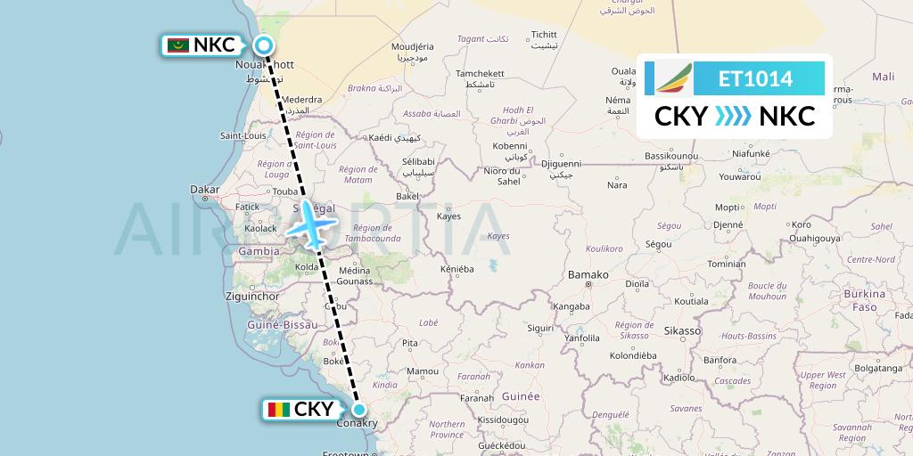 ET1014 Ethiopian Airlines Flight Map: Conakry to Nouakchott